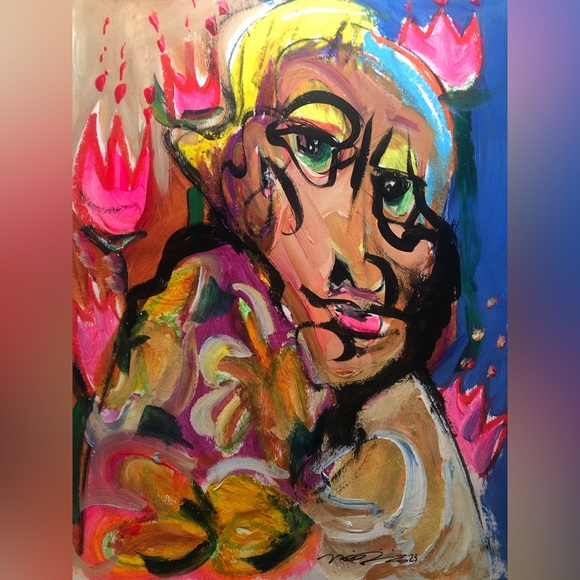 Original character pop art painting ink drawing signed “Desiree” 9x14” acrylic - Picture 2 of 3